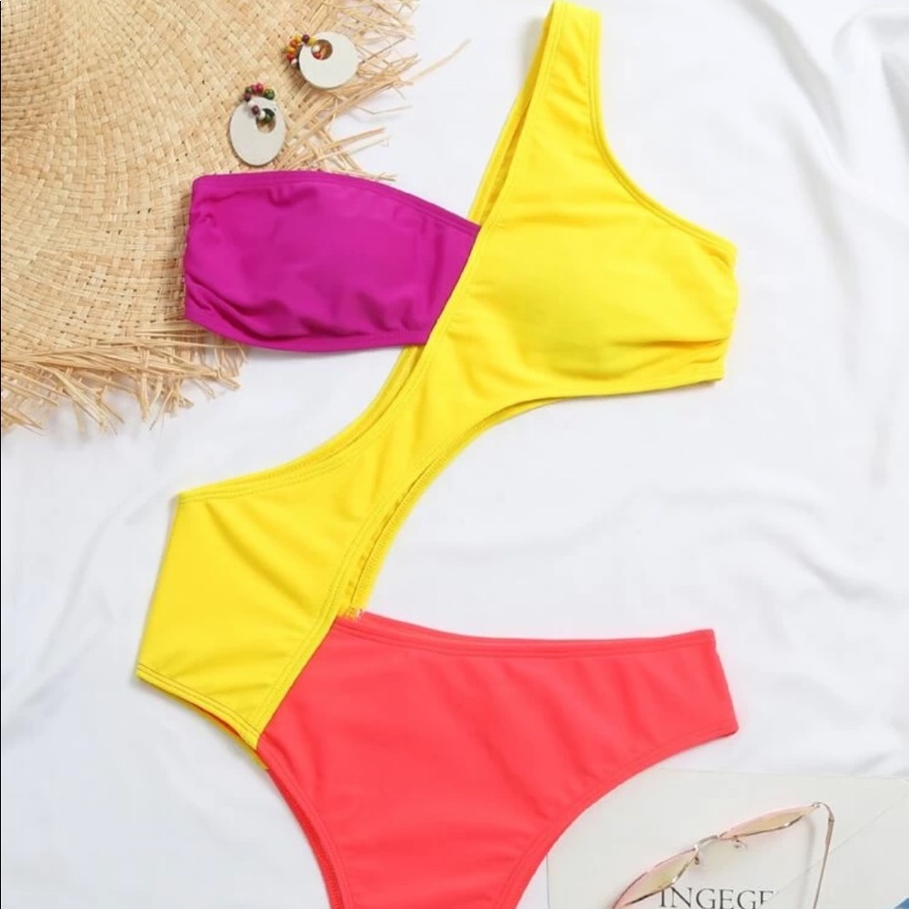 NEW Neon Multi Color One Shoulder Cut our bikini - Picture 3 of 9